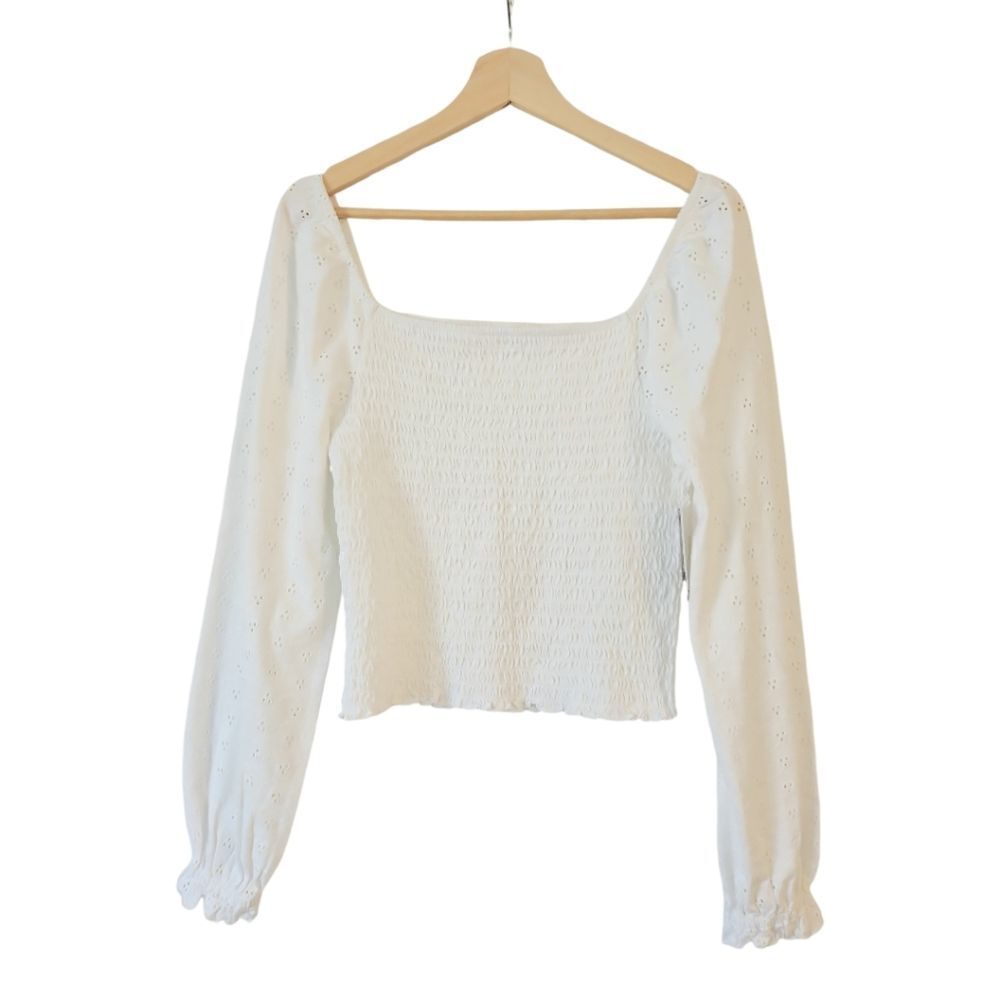 BP Nordstrom Women Eyelet Square Neck Off Shoulder Lantern Sleeve Crop Top White